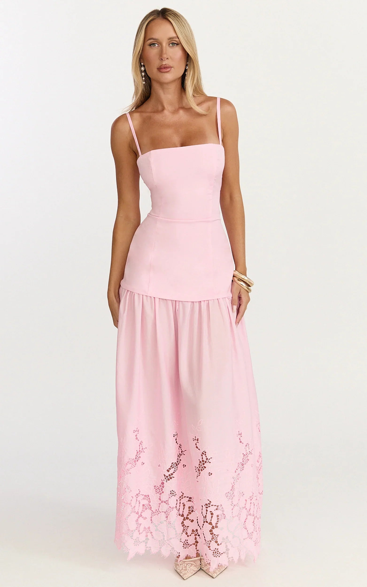 Everly Maxi Dress Straight Neck Broderie Cut Out Hem Dress in Pink