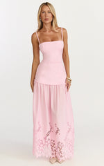 Everly Maxi Dress Straight Neck Broderie Cut Out Hem Dress in Pink