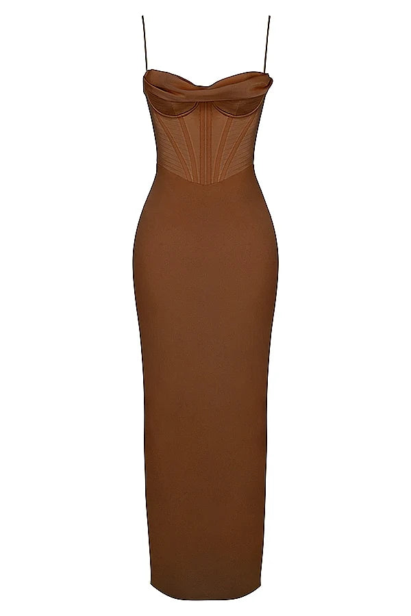 chocolate corset maxi dress