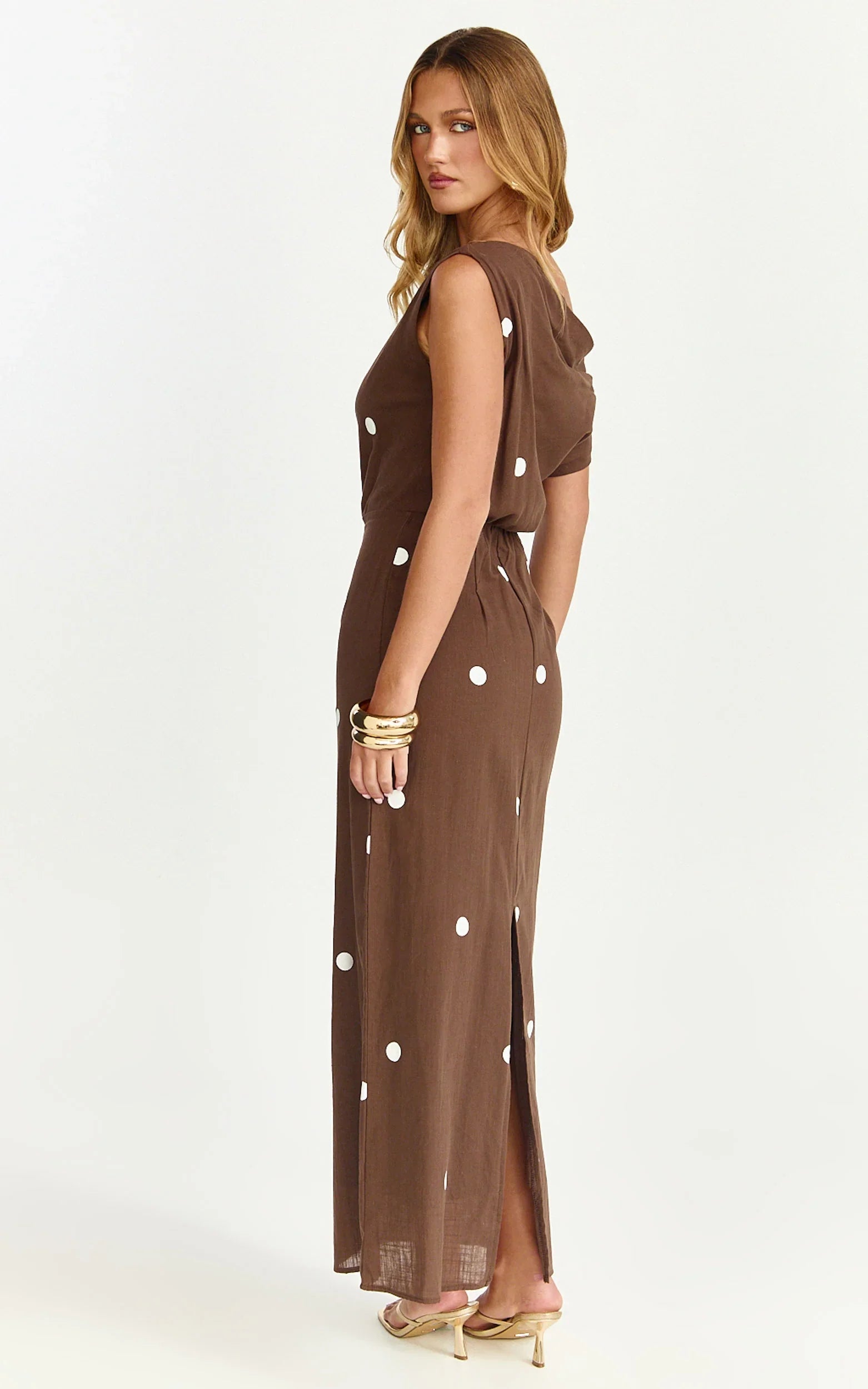 Cia Maxi Dress Tipped Shoulder Linen Polkadot Dress in Chocolate