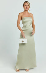 Laurie Maxi Dress Strapless Draped Satin Dress in Light Olive