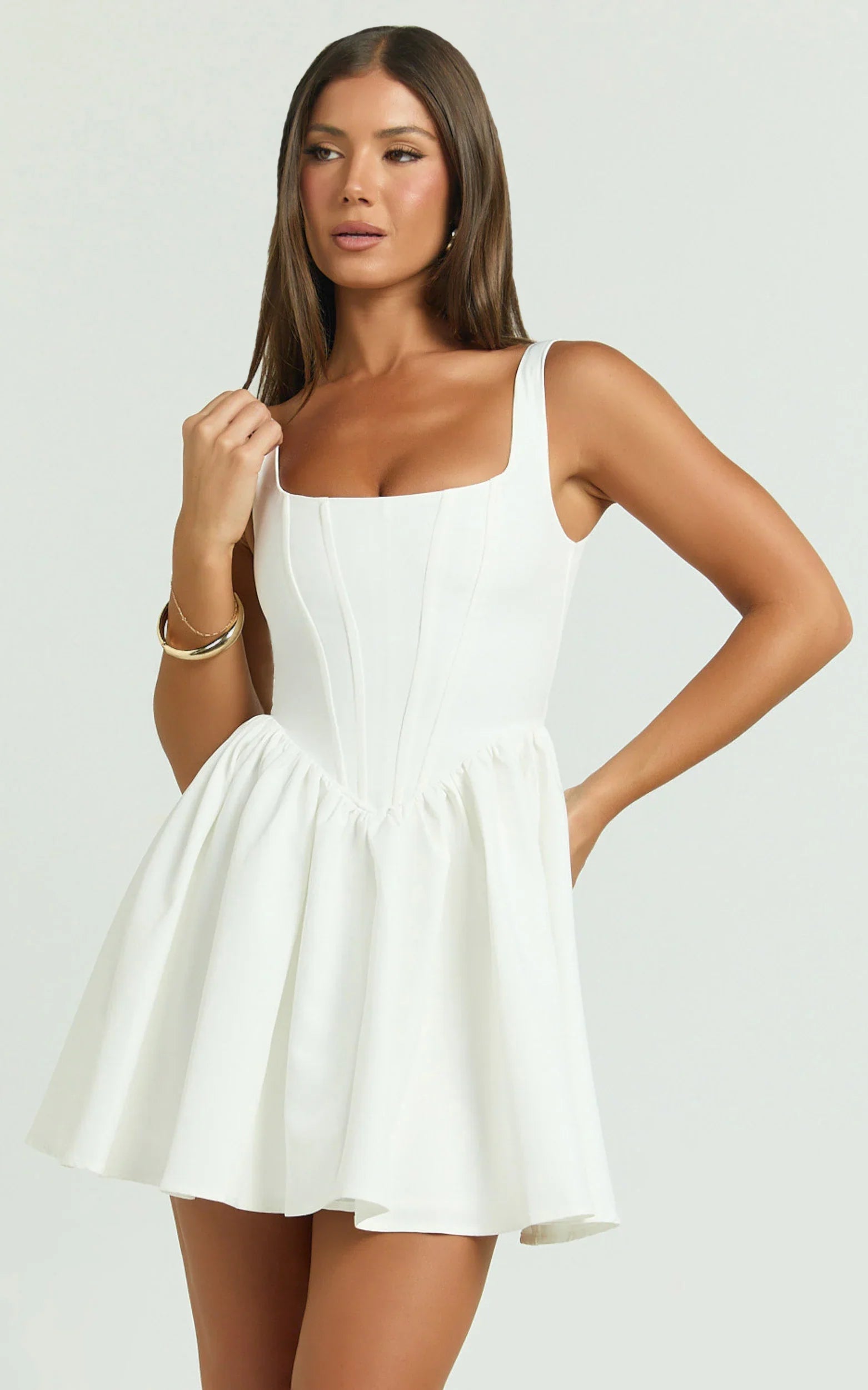 Aimee Mini Dress Scoop Neck Corset Gathered Dress in White
