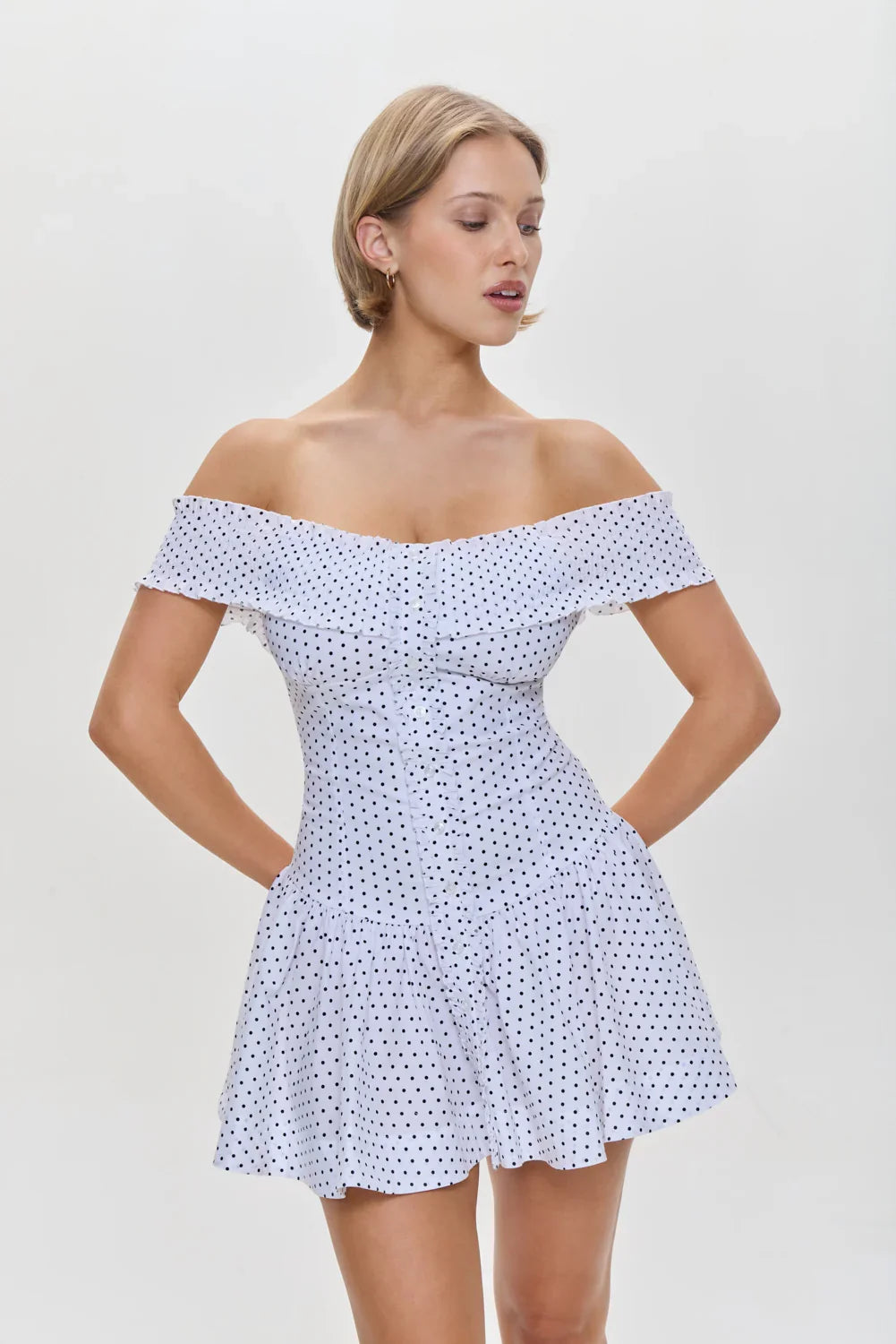 Mae Off Shoulder Mini Dress White Polka Dot