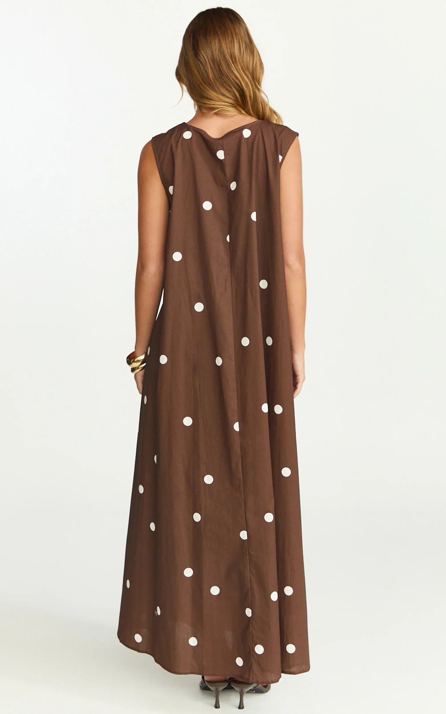Simone Maxi Dress U Halter Neck Linen Polkadot Dress in Chocolate