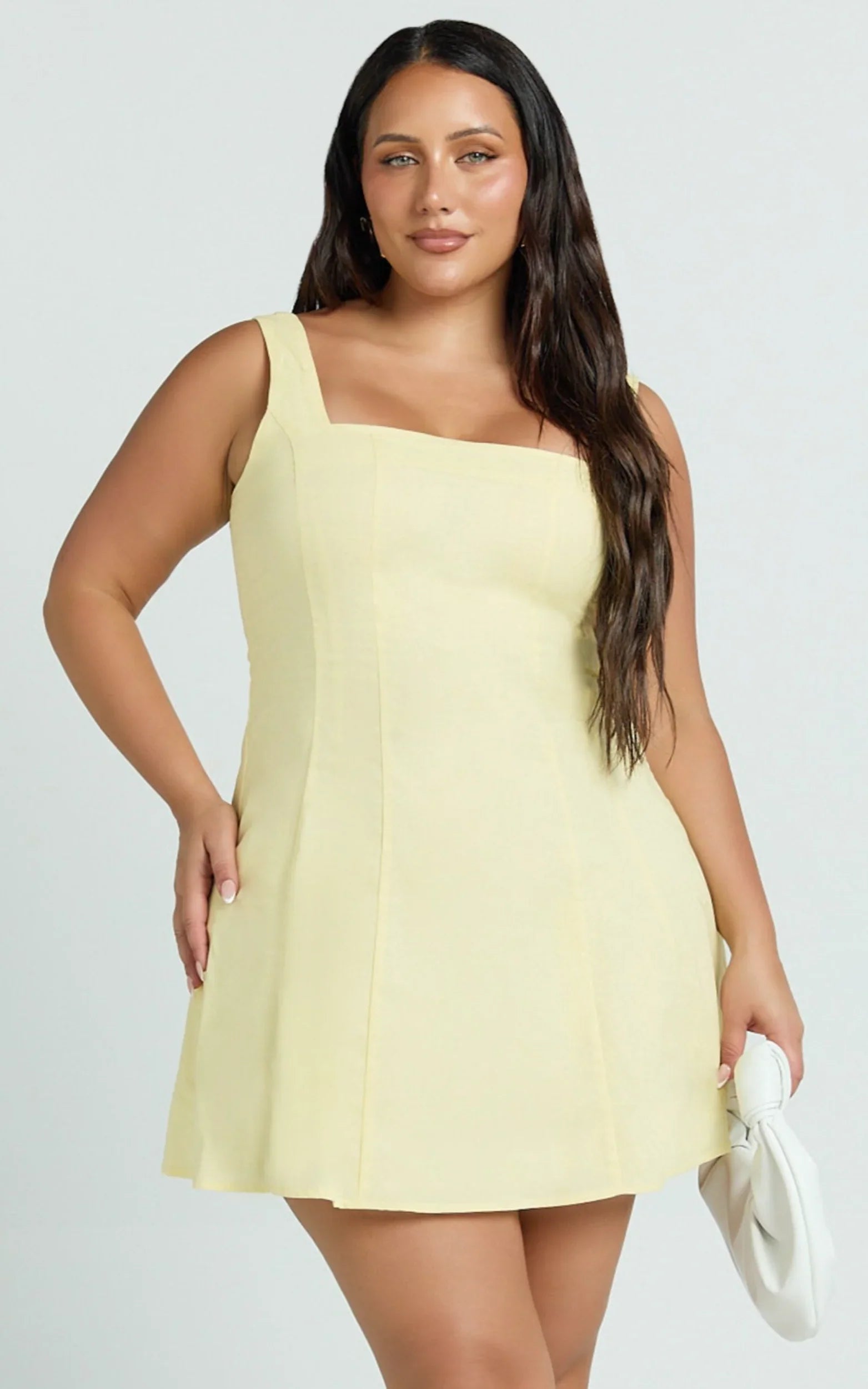 Adiana Mini Dress Linen Square Neck Shirred Back A Line Dress in Lemon