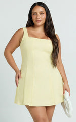 Adiana Mini Dress Linen Square Neck Shirred Back A Line Dress in Lemon