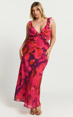 Alessa Midi Dress V Neck Frill Detail Empire Waist Back Cut Out Dress in Adeana Print
