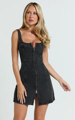 Chrysoula Mini Dress Square Neck Zip Front Sleeveless Bodycon Denim in Washed Black