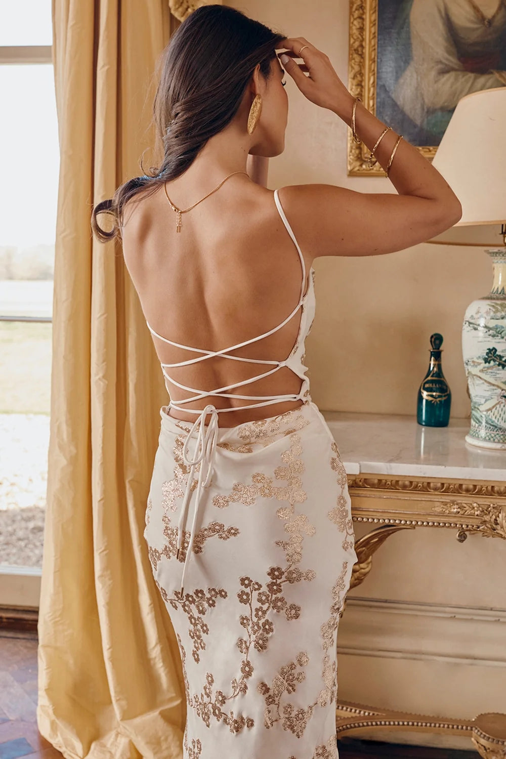 white gold jacquard satin gown