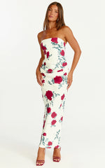 Dahlia Midi Dress Strapless Draped Cowl Waist Fitted Dress in Scarlet Rose Print
