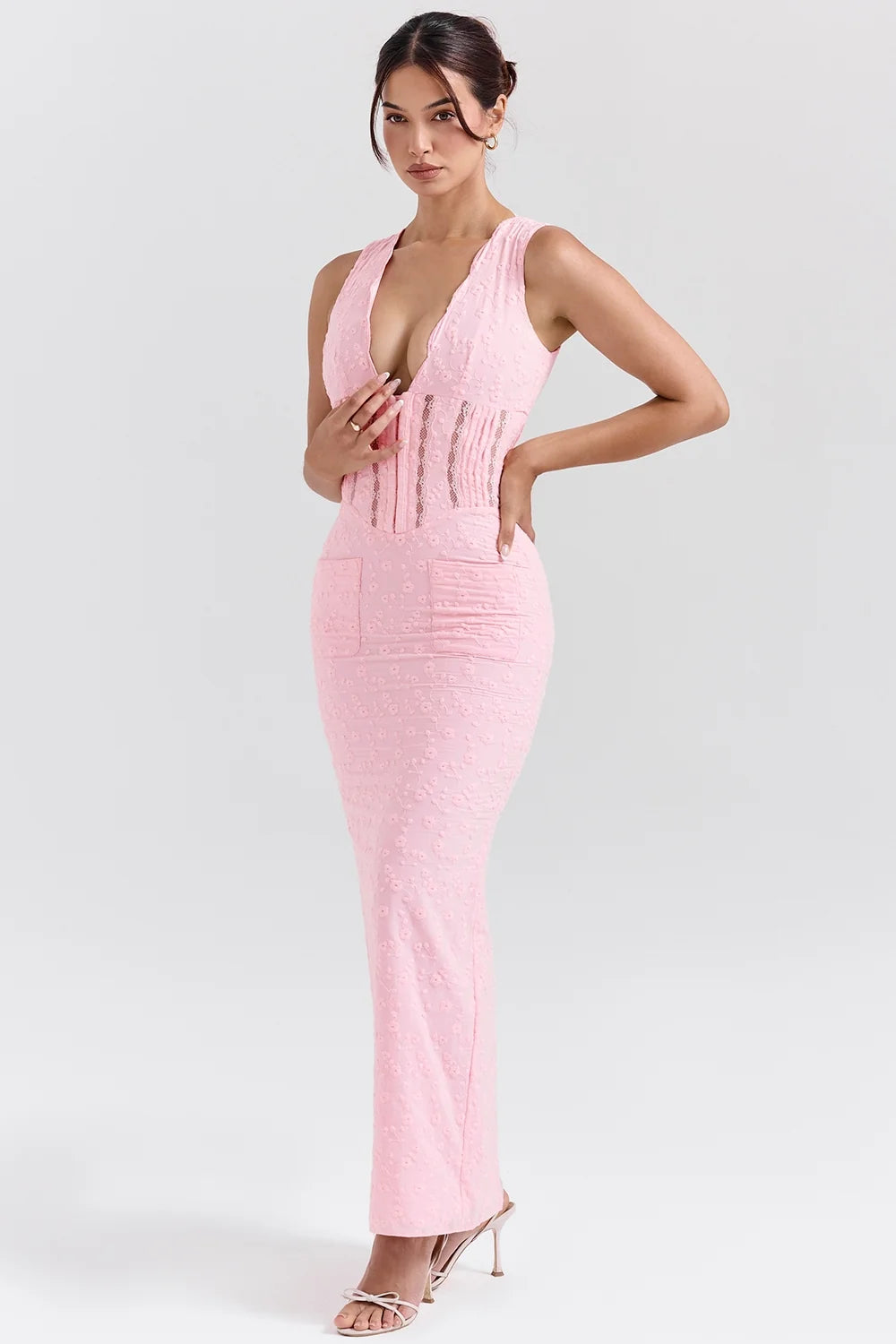 perfectly pink broderie anglais plunge maxi dress
