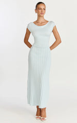 Jadey Midi Dress Cap Sleeve Pleated Dress in Pale Blue
