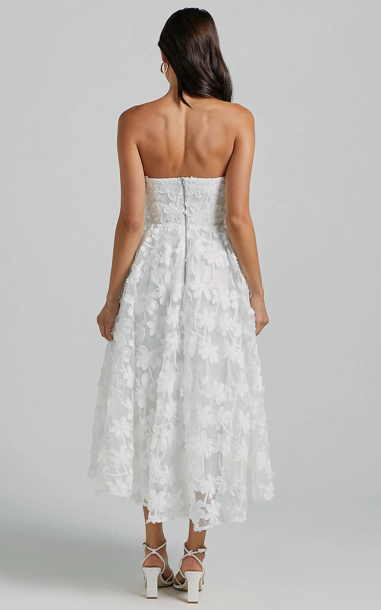Rheiva Midi Dress Strapless 3D Embroidery Midi Dress in White