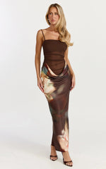 Onyx Midi Dress Floral Print Cowl Drop Waist Skirt Dress in Onyx Floral Print