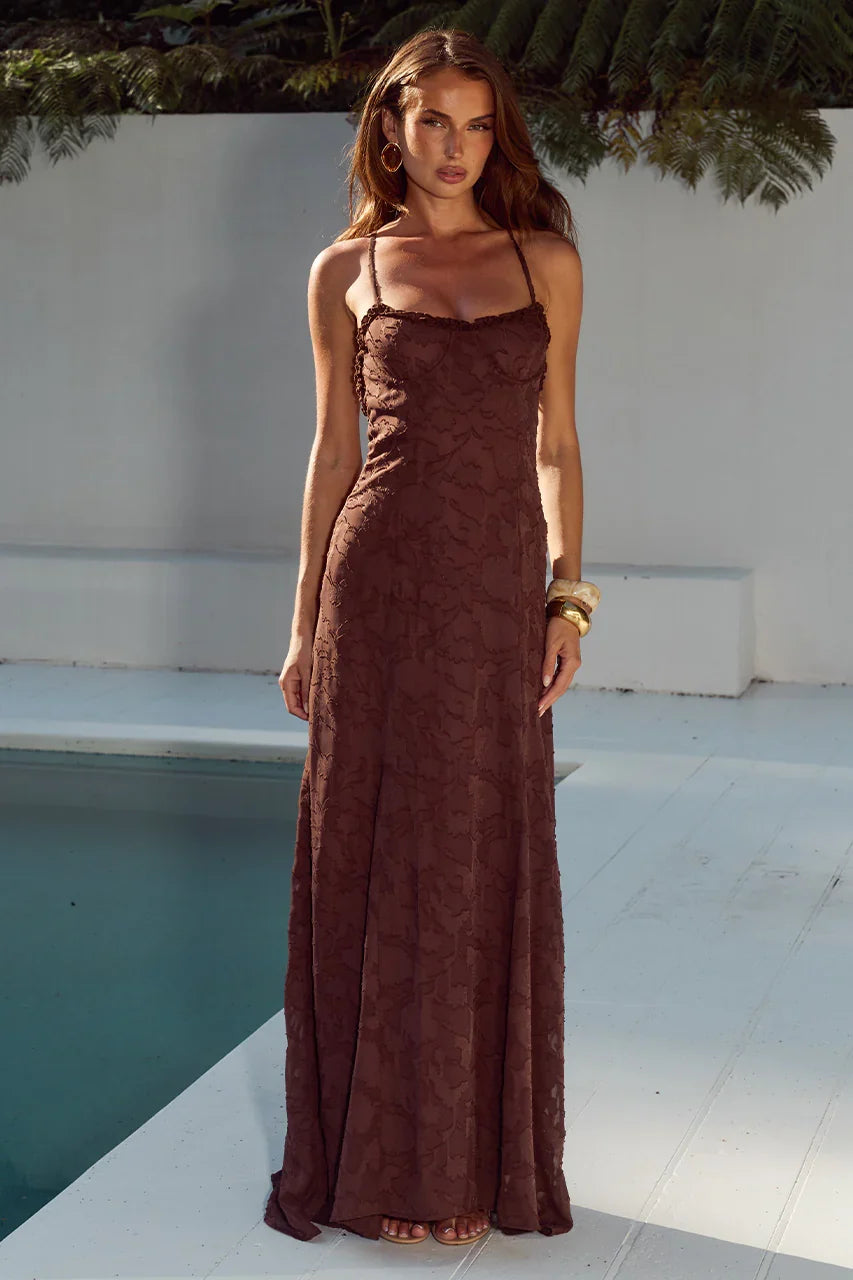 ELLERBY FRILL TRIM MAXI DRESS CHOCOLATE