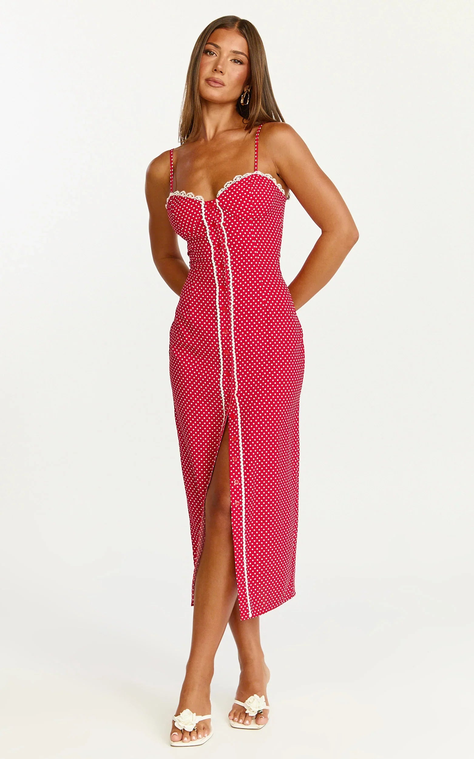 Camille Midi Dress Button Front Bustier Lace Trim Fitted Dress in Red