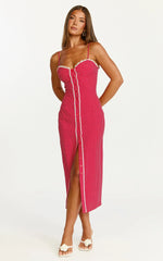 Camille Midi Dress Button Front Bustier Lace Trim Fitted Dress in Red