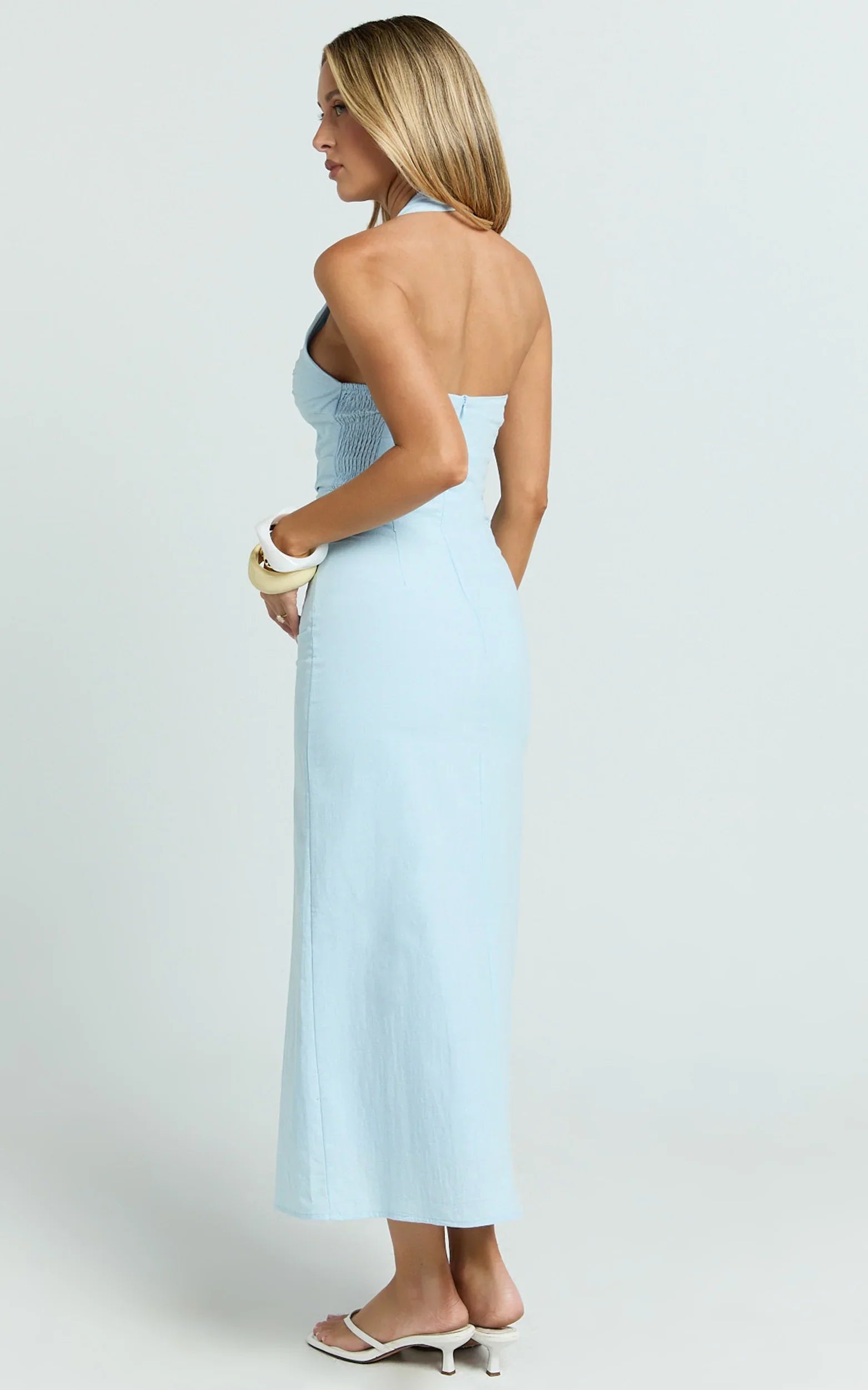 Murray Midi Dress Deep U Halter Neck Dress in Pale Blue