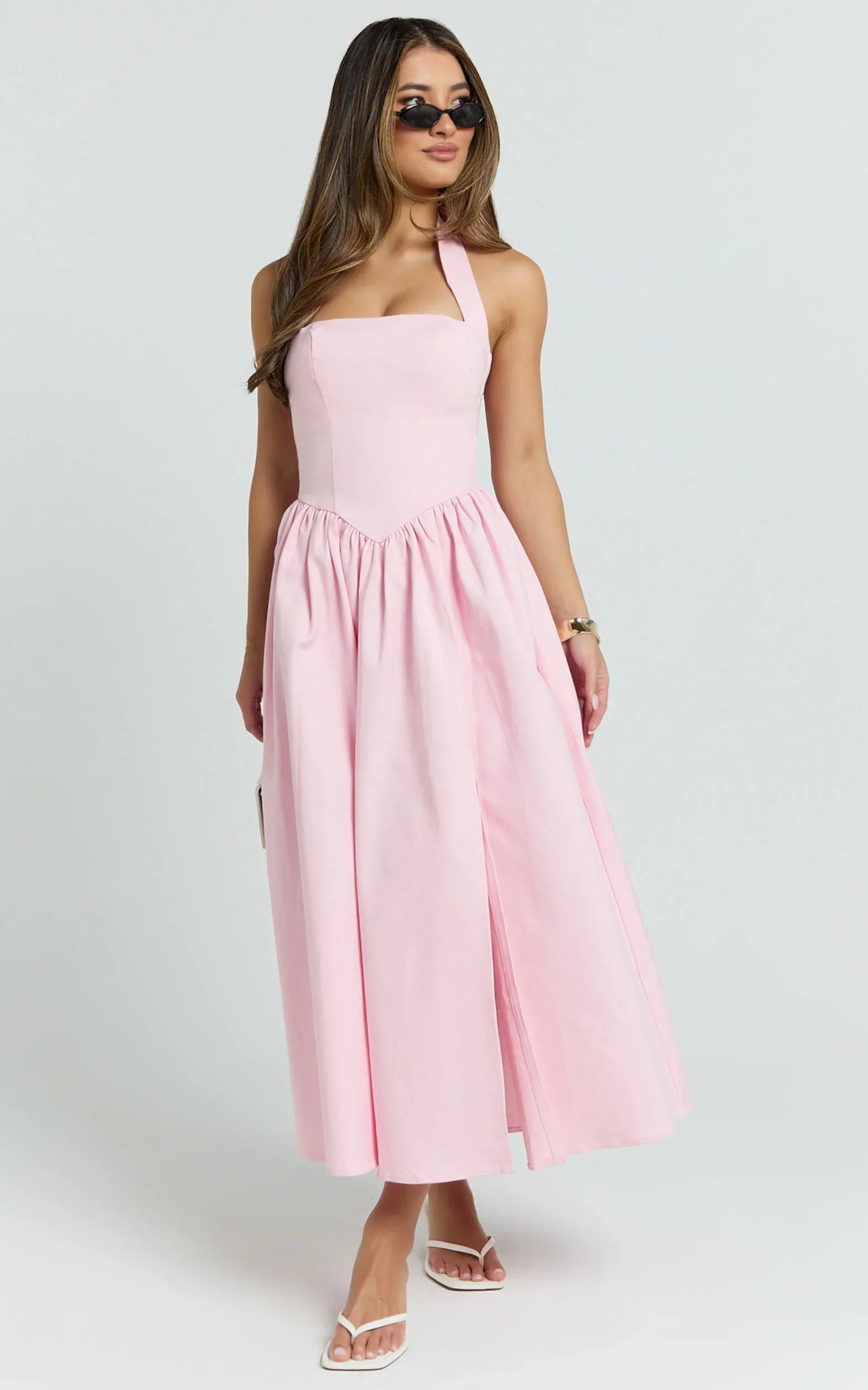 Helda Midi Dress Halter Tie Neck Corset Panel Dress in Pink