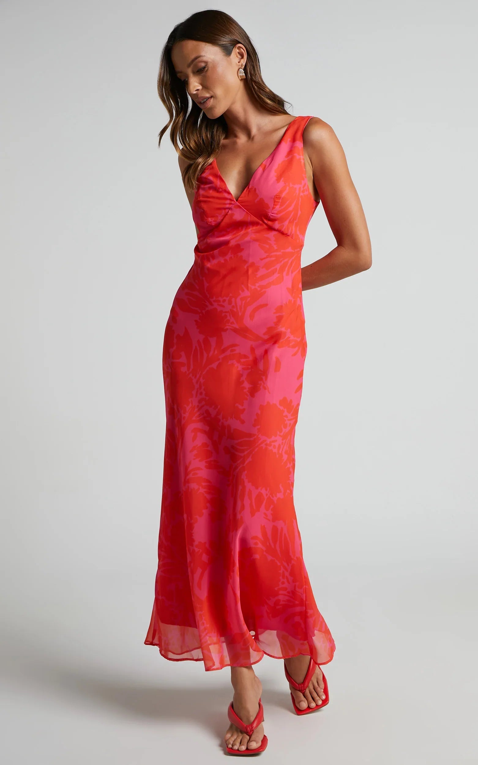 Jodie Midi Dress V Neck Slip Dress in Pink Floral