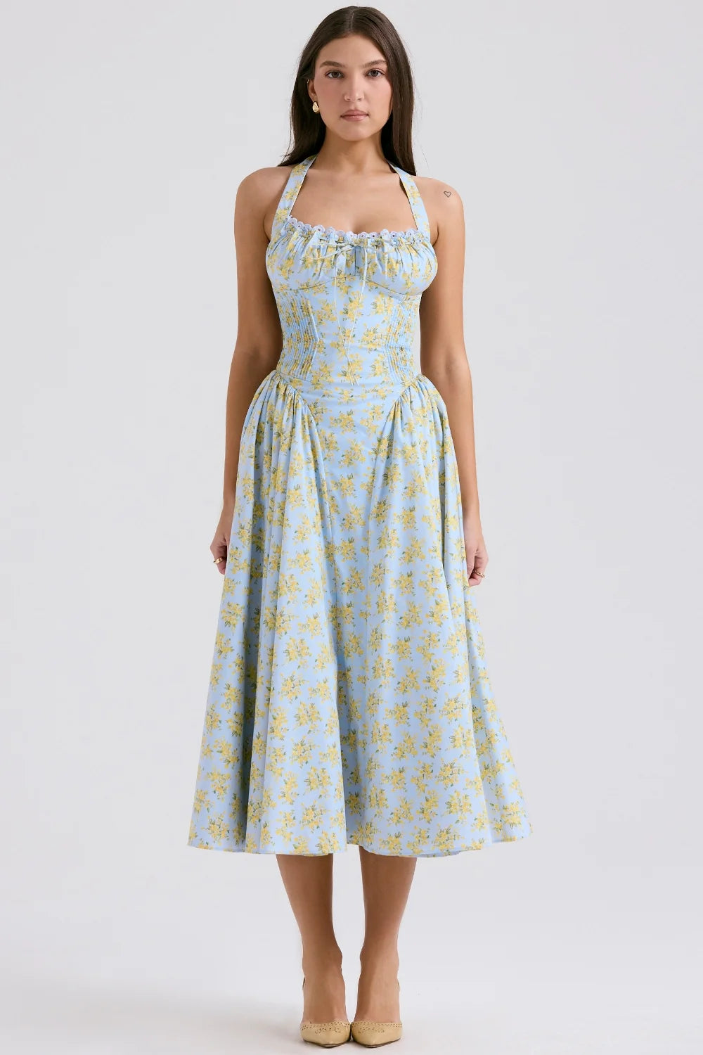 soft blue vintage floral print cotton halter sundress