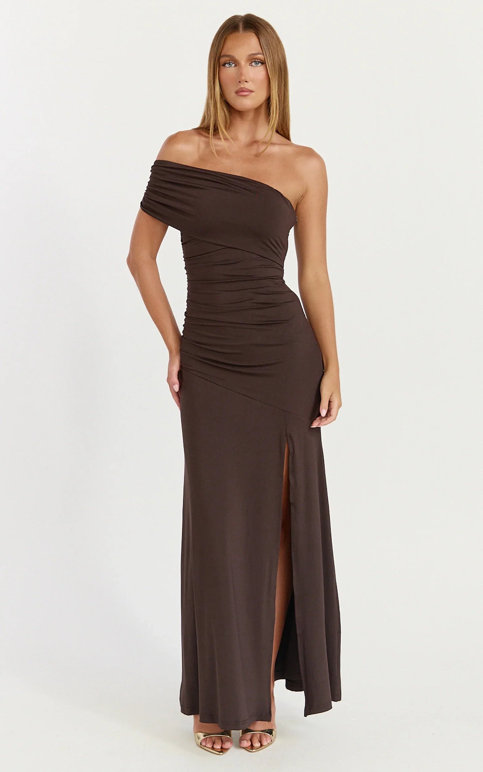 Opal Maxi Dress Off Shoulder Gathered Bodice Fit And Flare Dress in Dark Chocolate