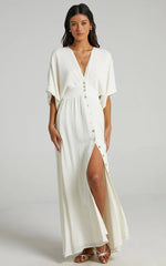 Sitting Pretty Maxi Dress Short Sleeve Button Down Dress in Natural