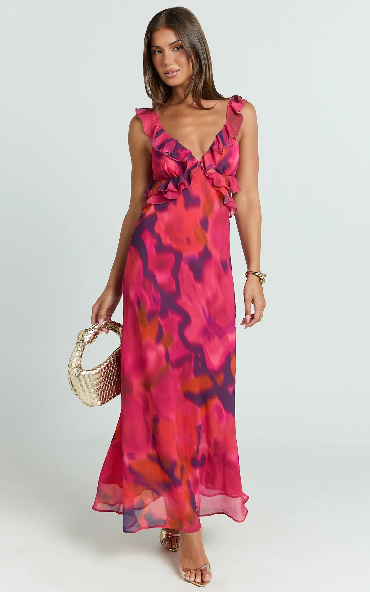 Alessa Maxi Dress V Neck Frill Detail Empire Waist Back Cut Out Dress in Adeana Print