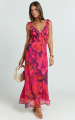 Alessa Maxi Dress V Neck Frill Detail Empire Waist Back Cut Out Dress in Adeana Print