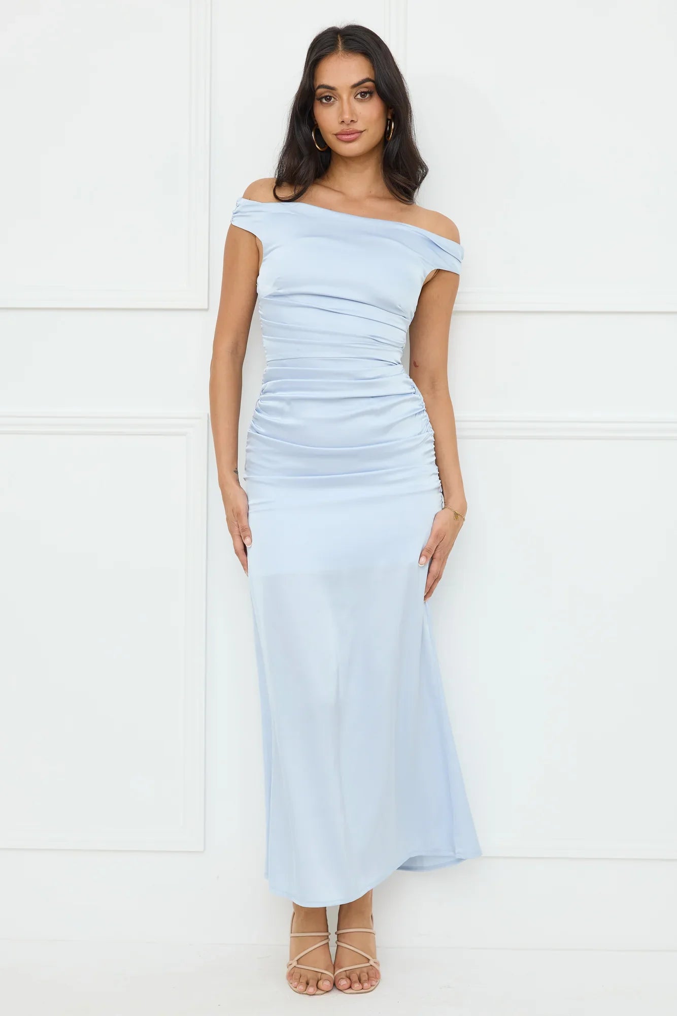 Polished Radiance Off Shoulder Satin Maxi Dress Blue