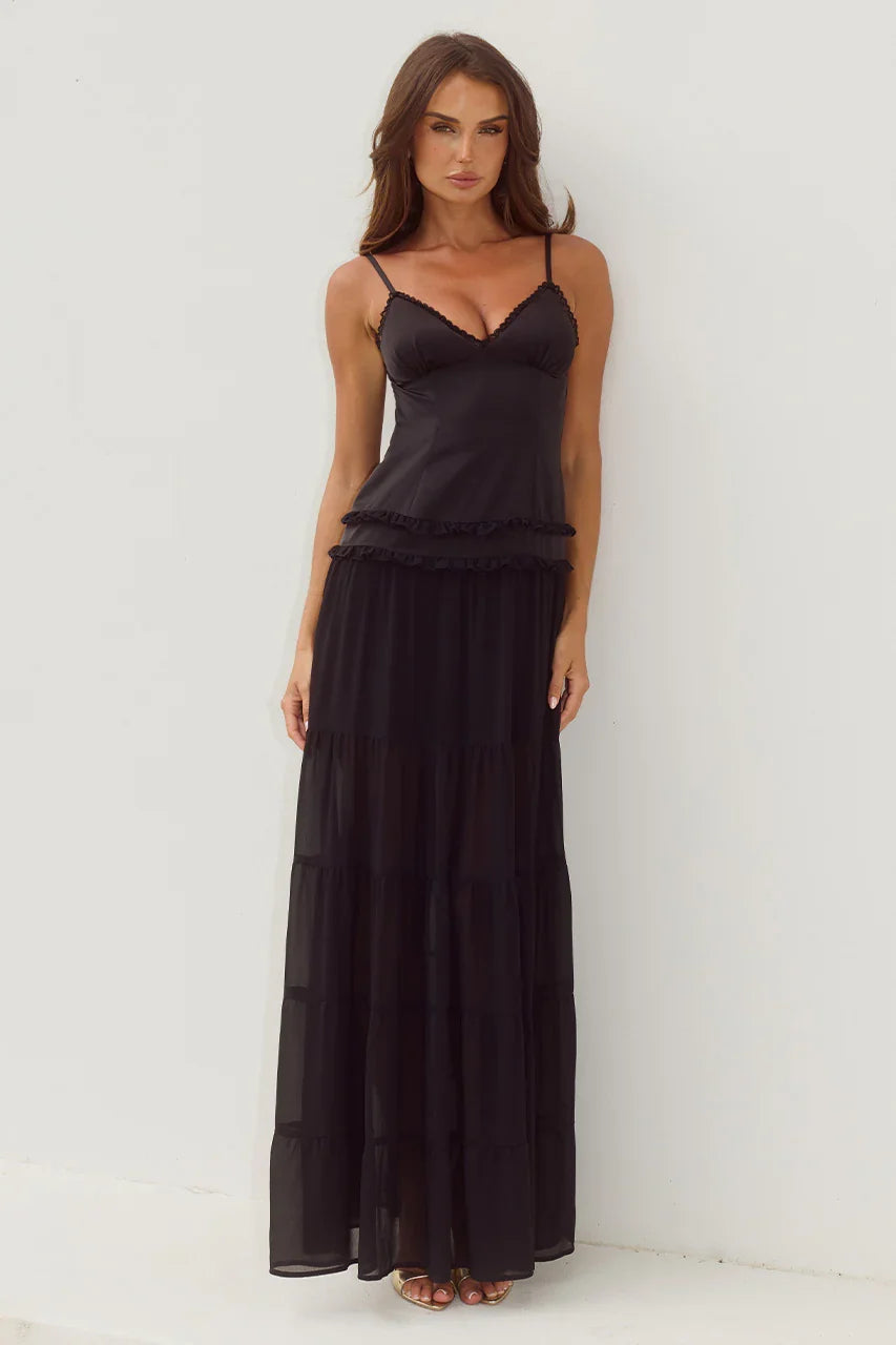 ROSETTA BACKLESS TIERED MAXI DRESS BLACK