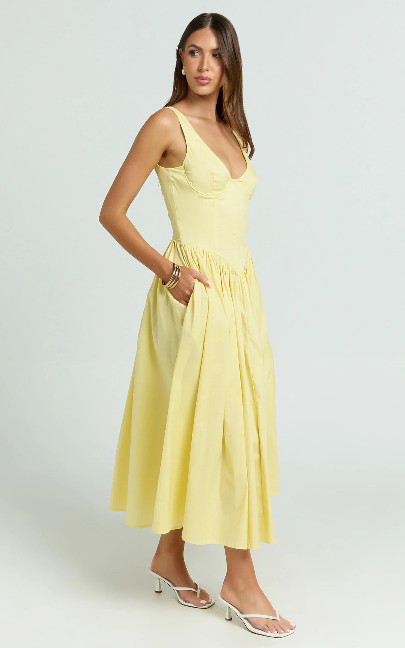 Beckett Midi Dress Scoop Neck Drop V Waist Gathered Skirt Dress in Butter Yellow