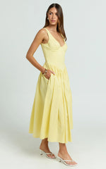 Beckett Midi Dress Scoop Neck Drop V Waist Gathered Skirt Dress in Butter Yellow