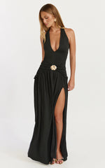 Phoenix Maxi Dress Halter Neck Gold Trim Jersey Dress in Black