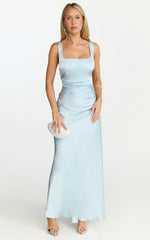 Rumi Midi Dress Rushed Bodiest Satin Dress in Pale Blue