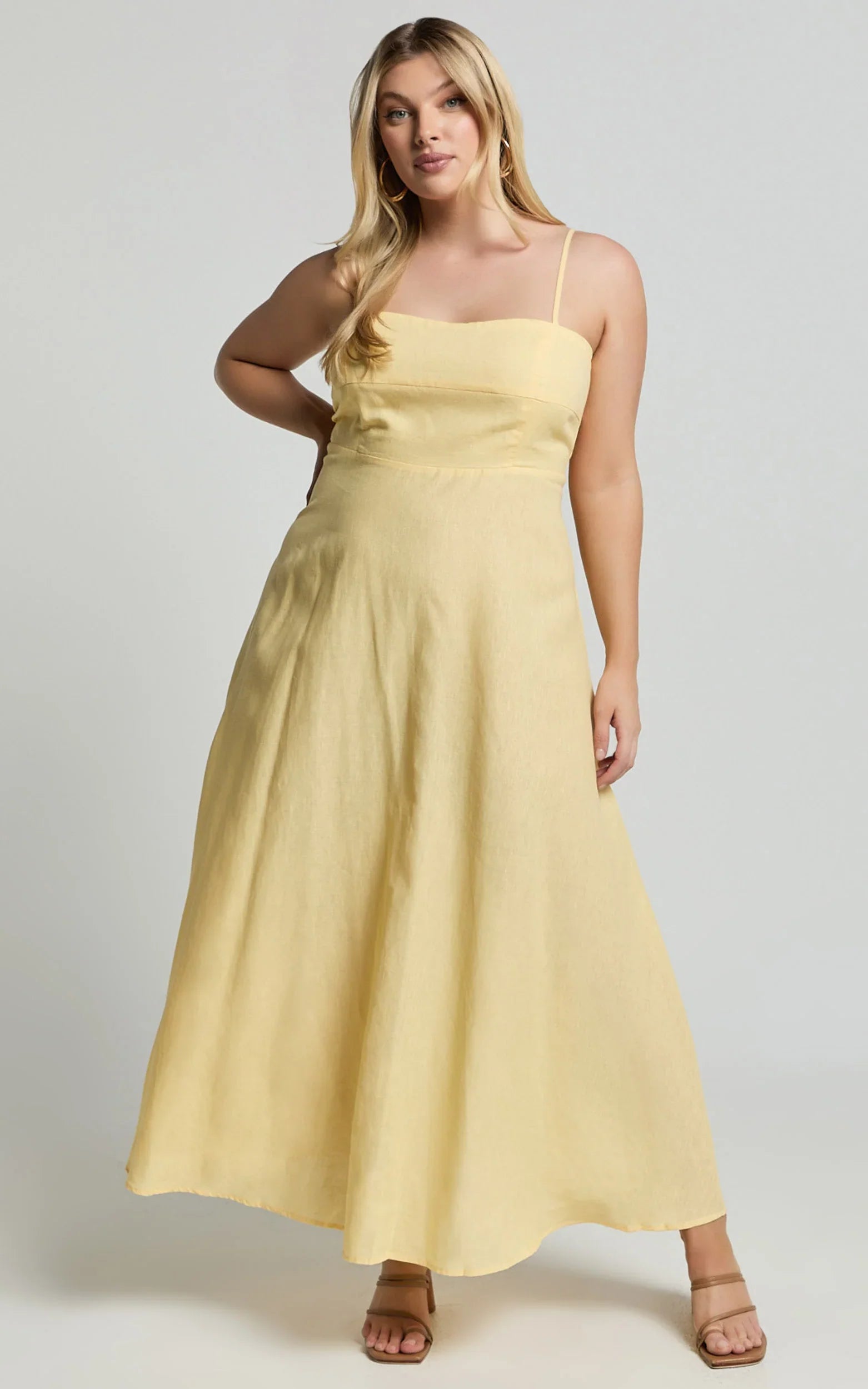 Brette Midi Dress Linen Straight Neck Strappy Fit And Flare Dress in Lemon