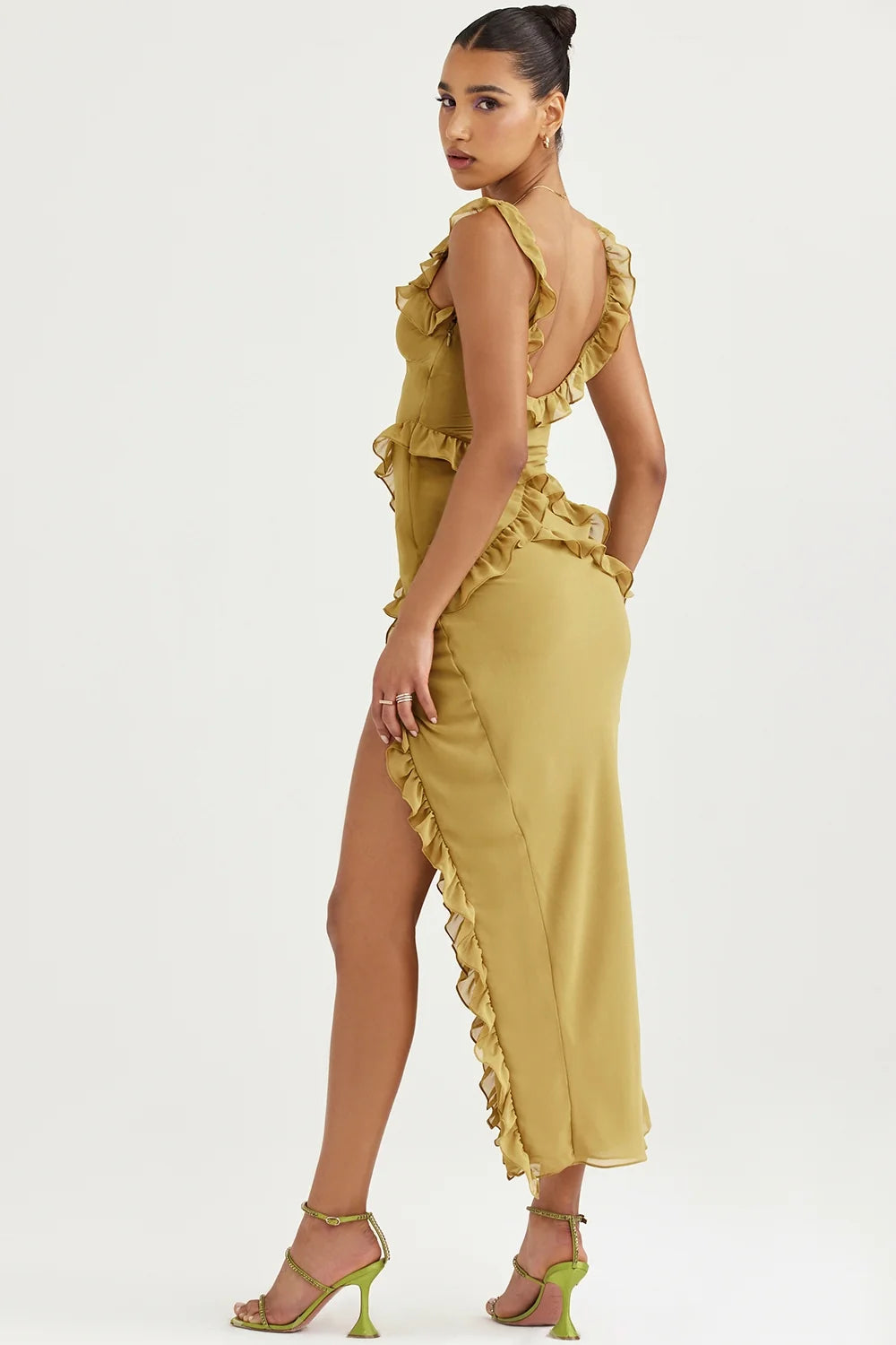 olive ruffle maxi dress