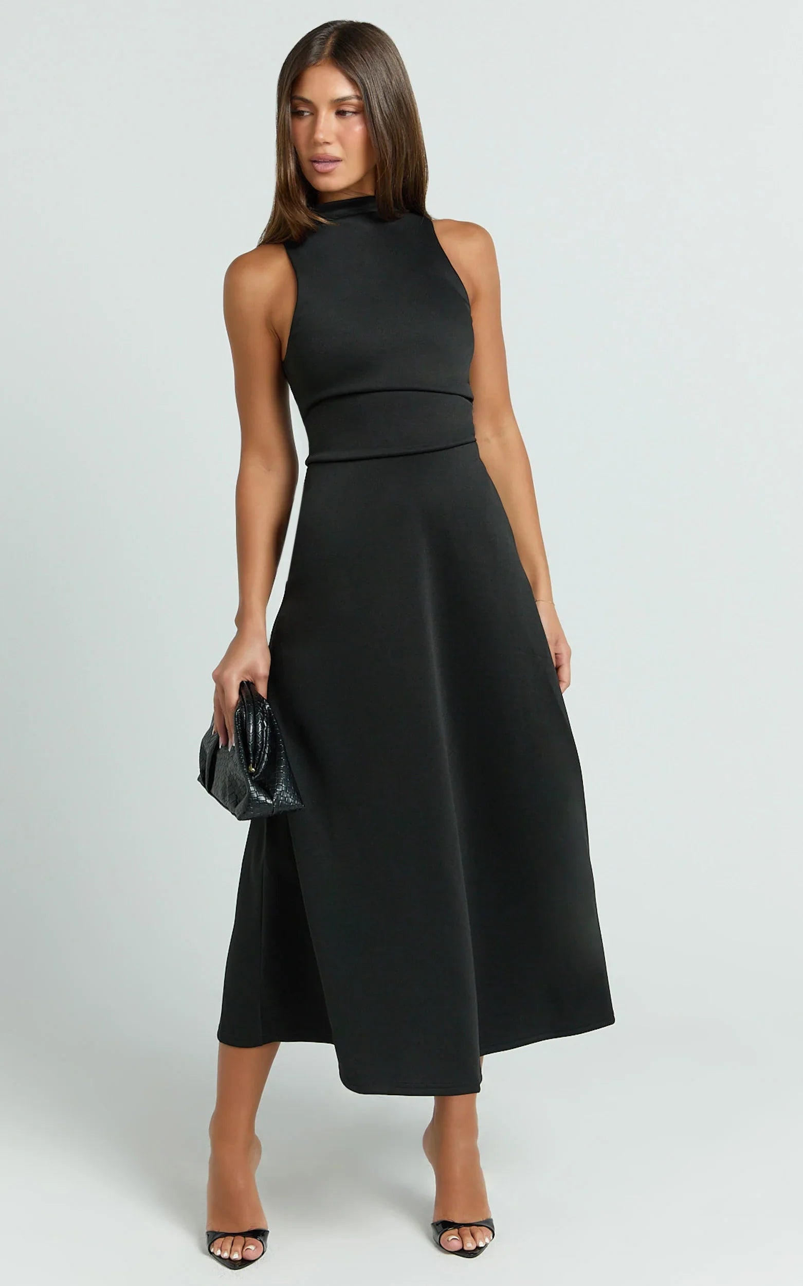 Macy Midi Dress High Neck A Line Dress in Black