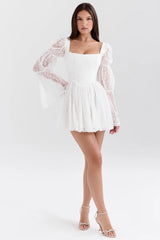 white lace puff sleeve mini dress