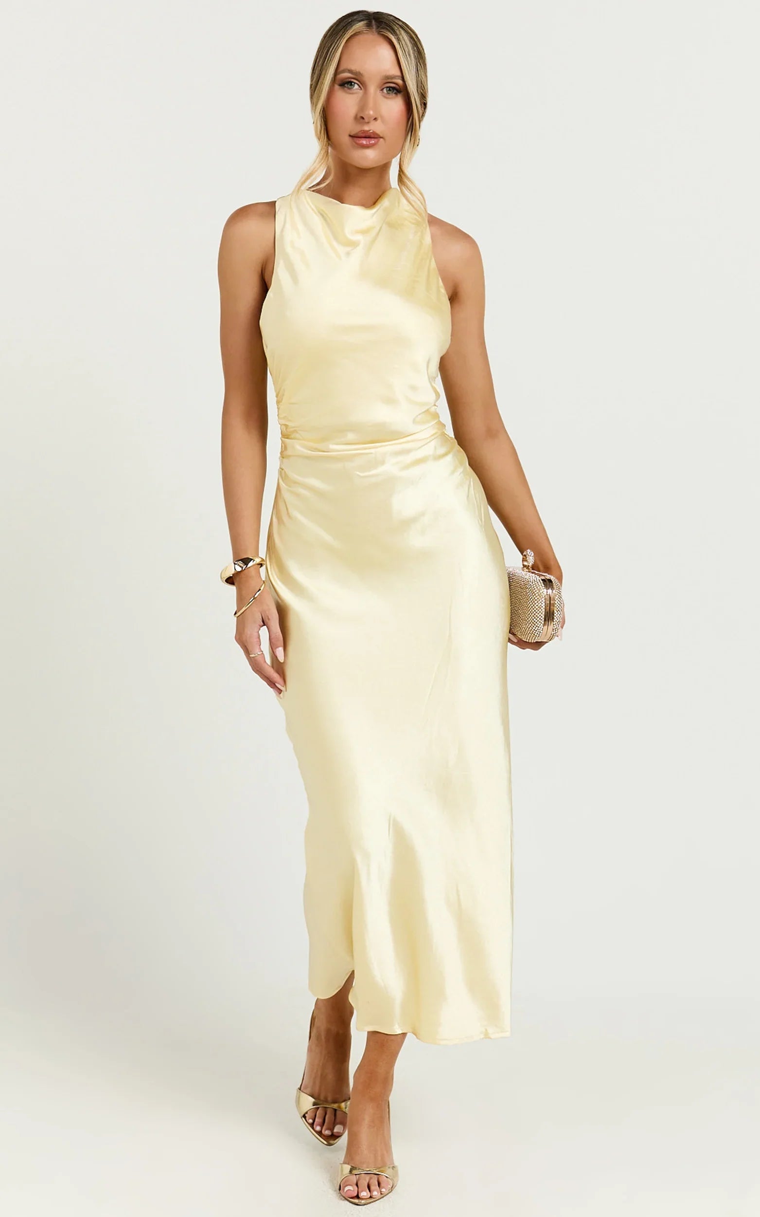 Aluna Midi Dress High Neck Cross Back Satin Slip Dress in Lemon