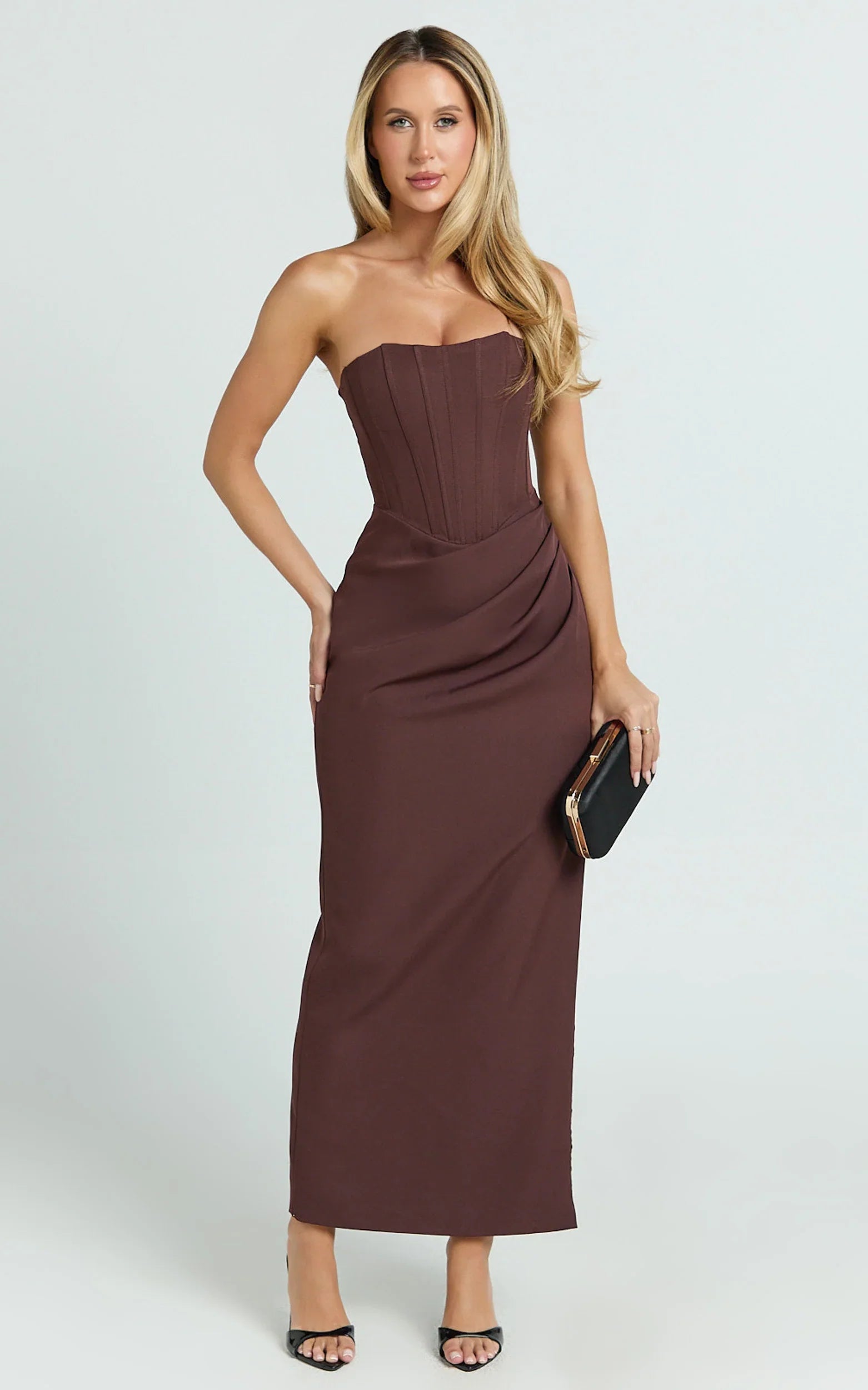 Avery Midi Dress Strapless Draped Side Split Dress in Chocolate