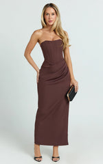 Avery Midi Dress Strapless Draped Side Split Dress in Chocolate