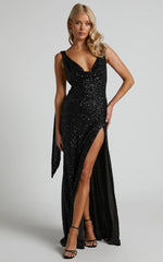 Malisha Maxi Dress Sequin Cowl Neck Backless Dress in Black