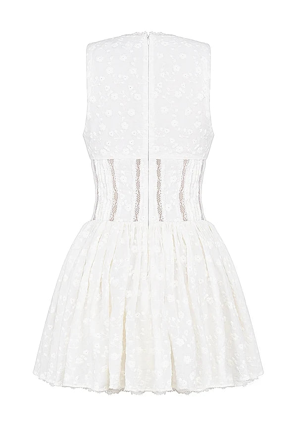 white cotton broderie anglais plunge mini dress