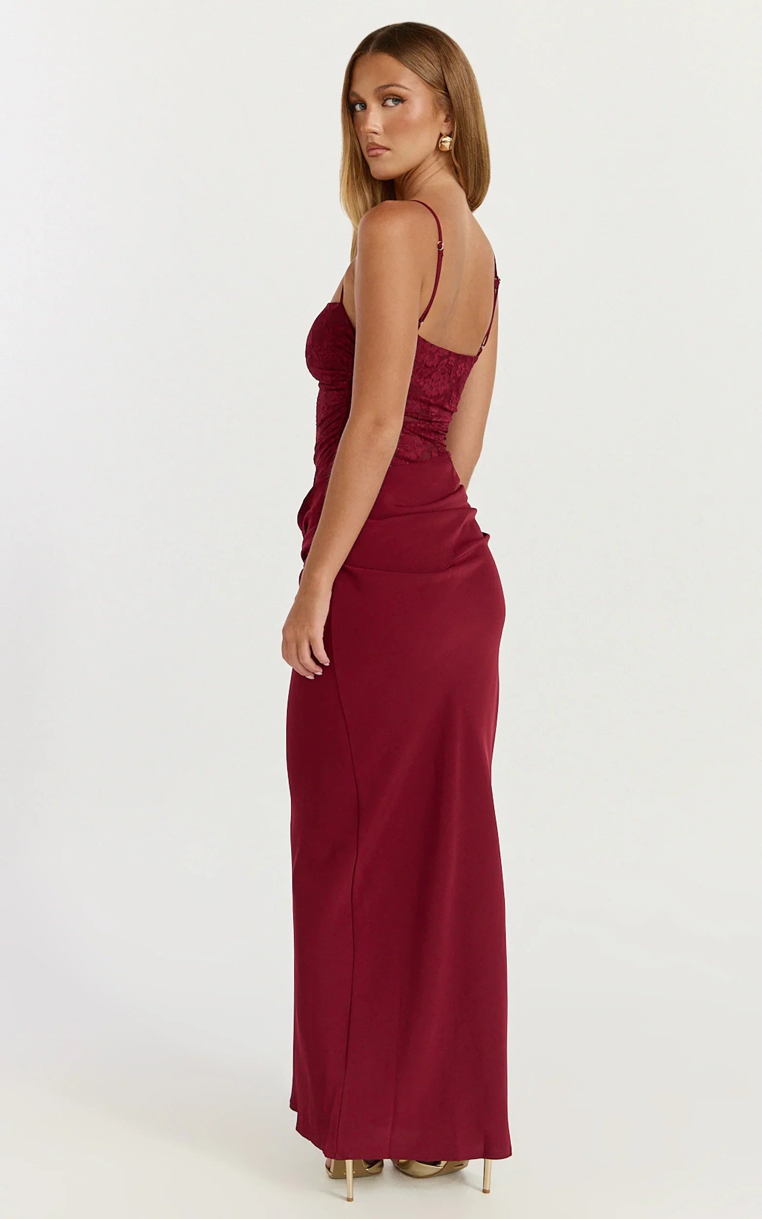 Rania Maxi Dress Contrast Lace Bodice Bias Cowl Drop Waist Dress in Wine