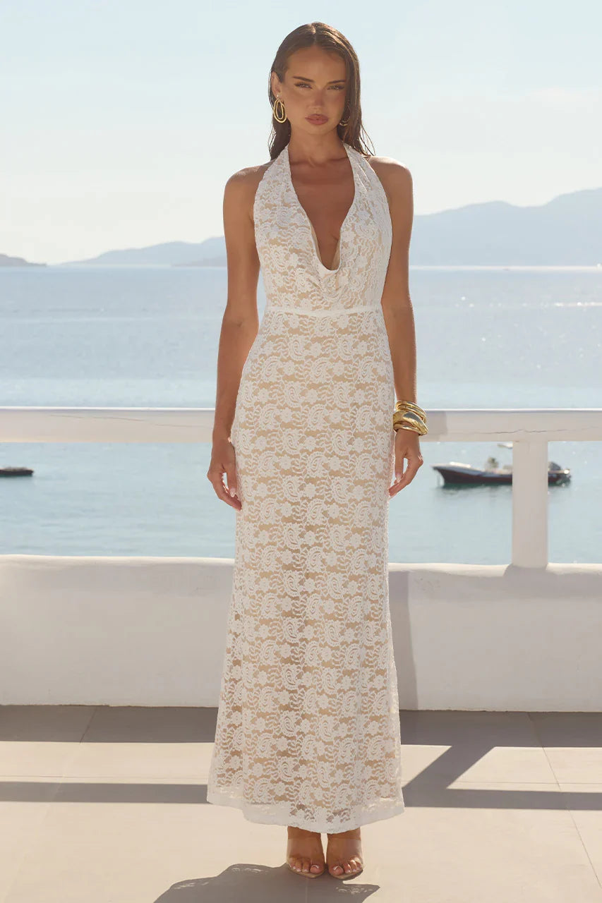KYLO PLUNGE COWL MAXI DRESS WHITE
