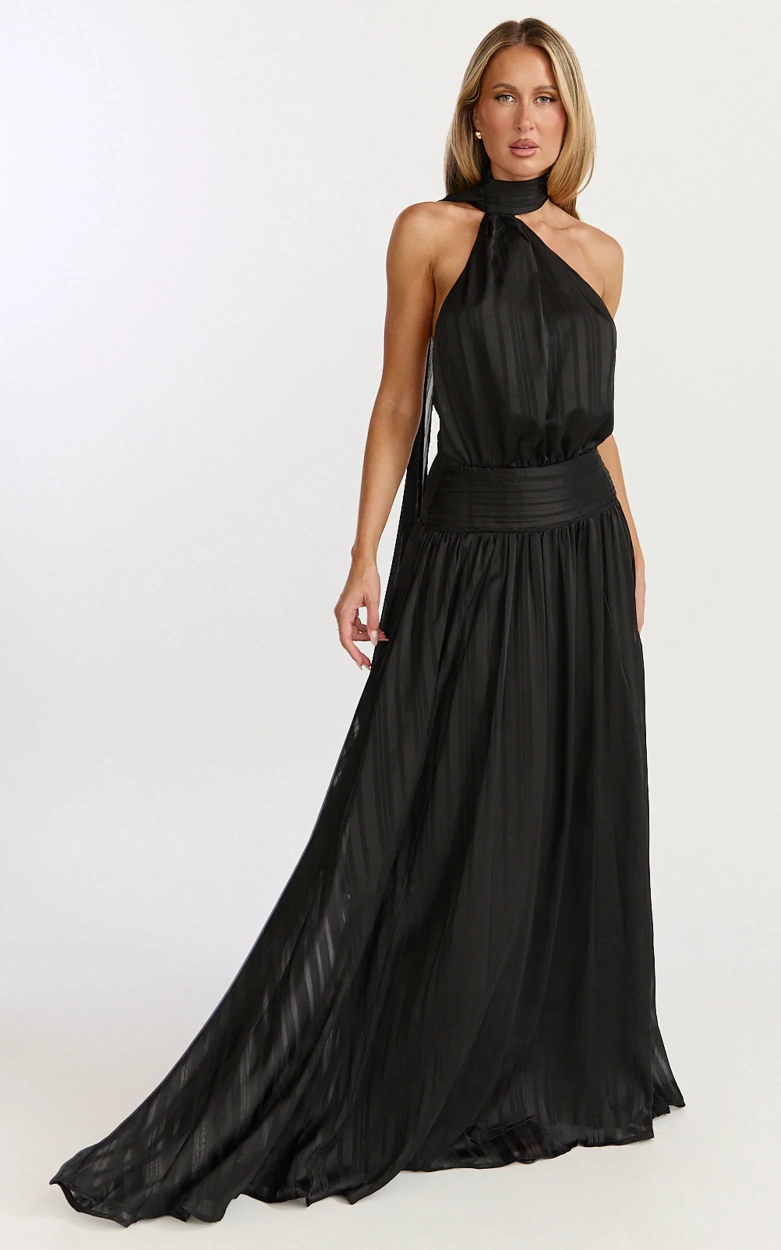 Mirabelle Maxi Dress Scarf Neck Backless High Low Dress in Black