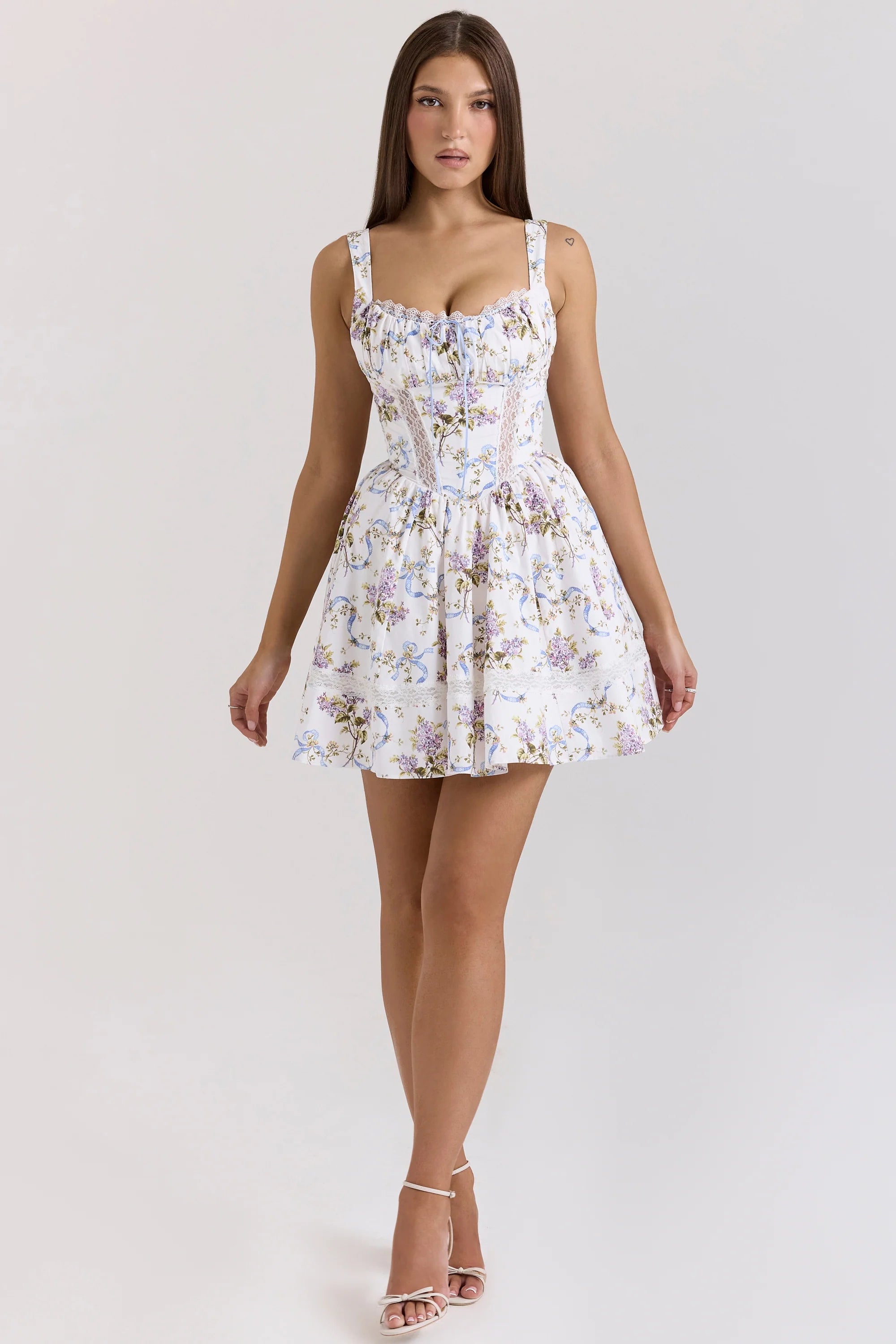 white floral ribbon print cotton mini dress