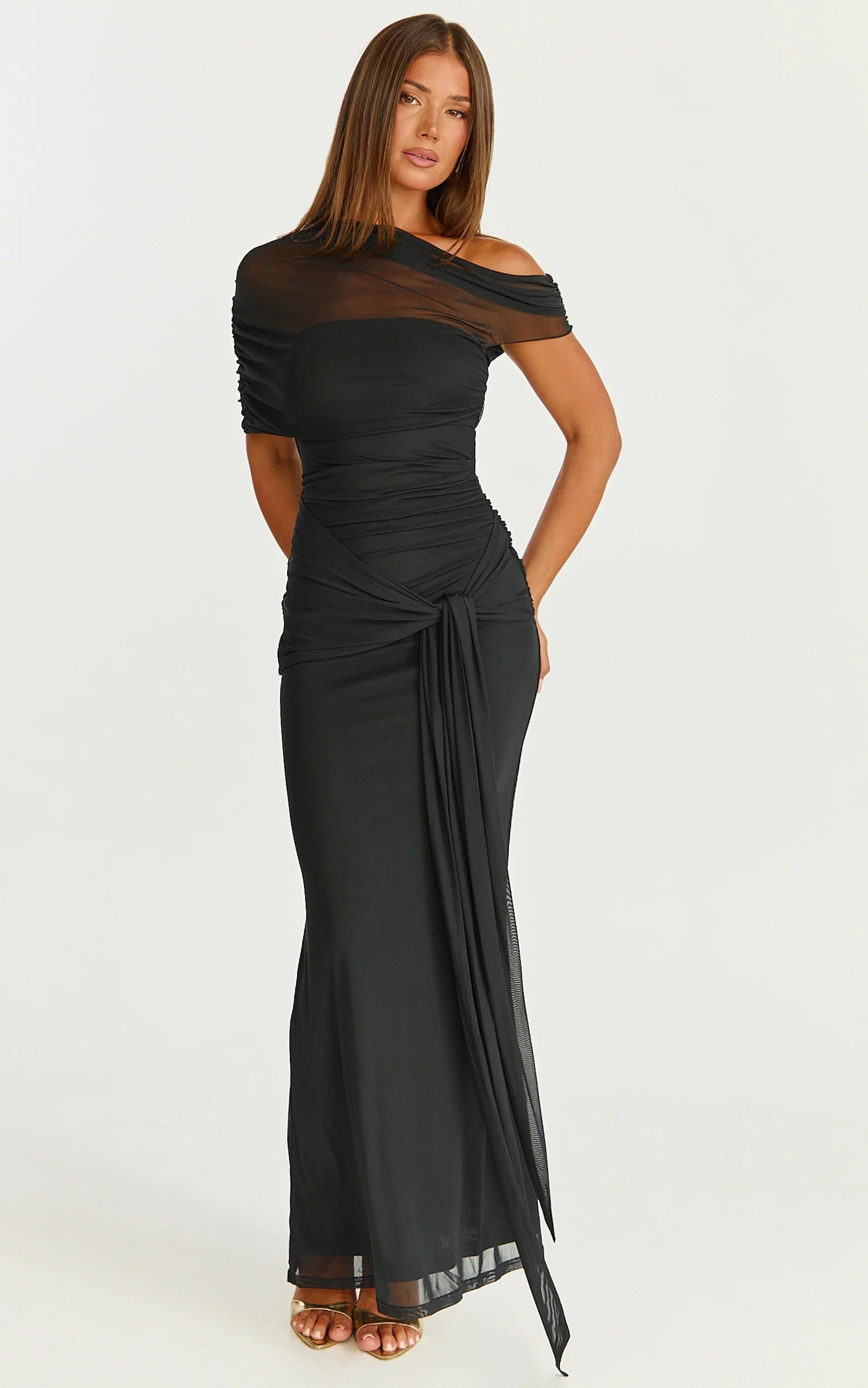 Nicolette Maxi Dress Cape Sleeve Off Shoulder Dress in Black