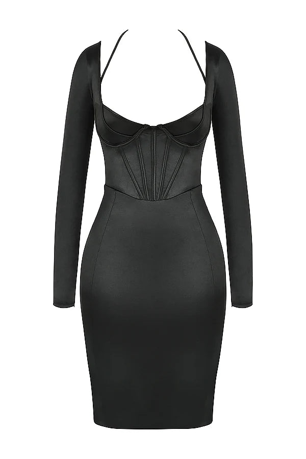 black disco satin corset dress